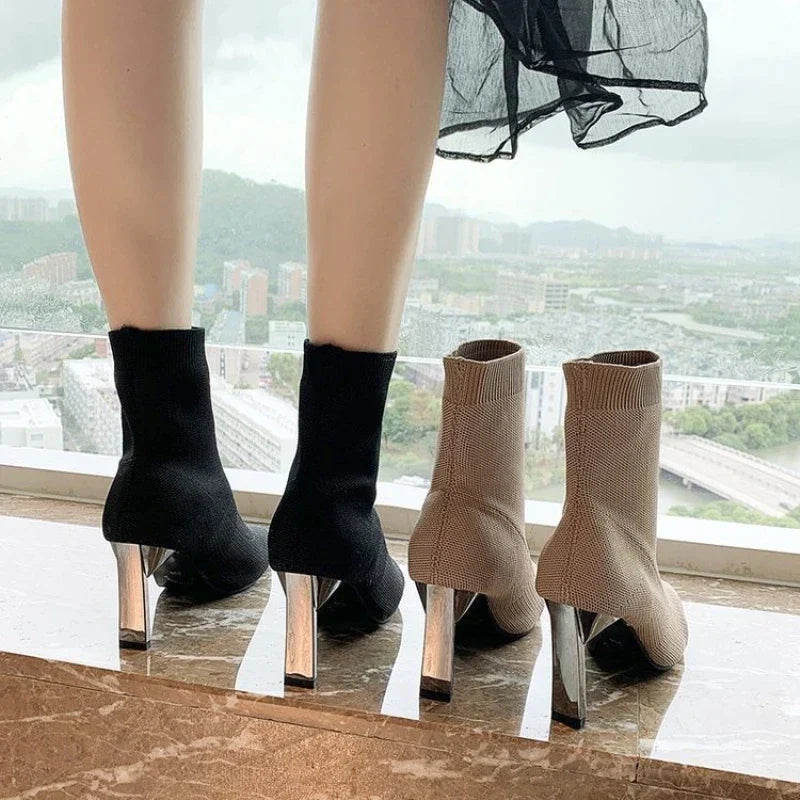Bota Feminina de Inverno Meia Tecido Elástico - Ivory Lace