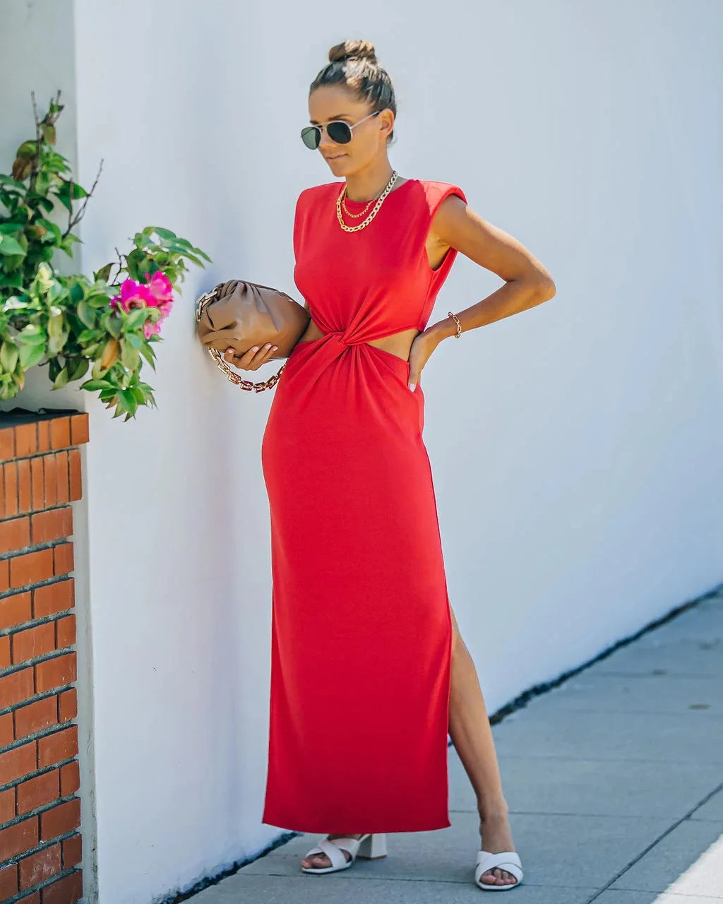 Vestido Longo Sem Mangas Com Fenda Justa - Alina