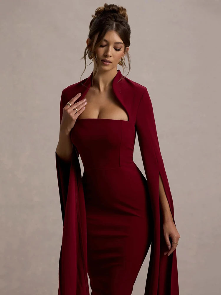 Vestido Midi Elegante com Decote Quadrado e Fenda nas Costas - Petra