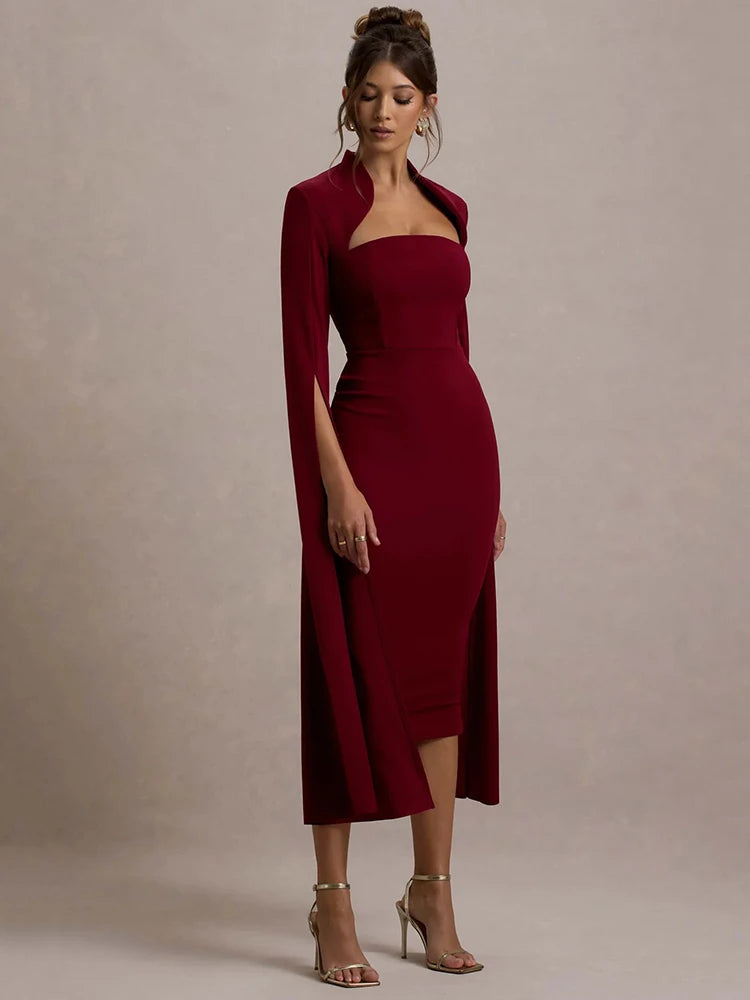 Vestido Midi Elegante com Decote Quadrado e Fenda nas Costas - Petra