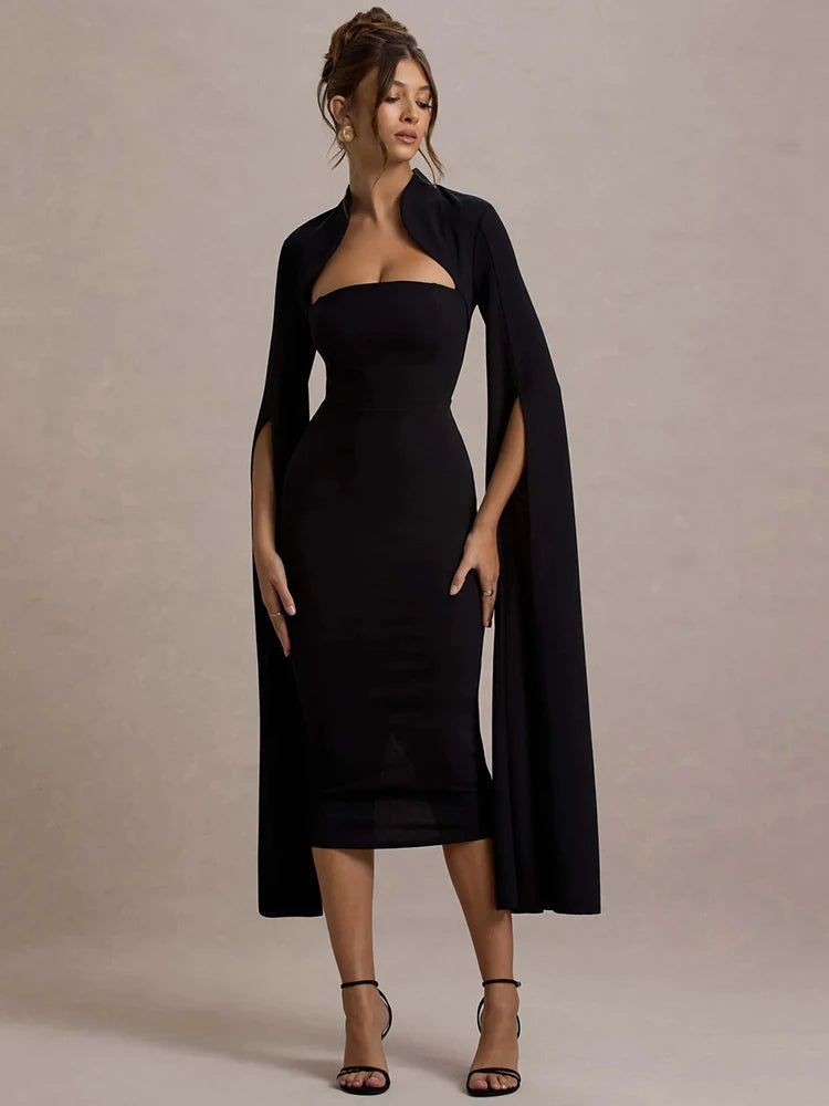 Vestido Midi Elegante com Decote Quadrado e Fenda nas Costas - Petra