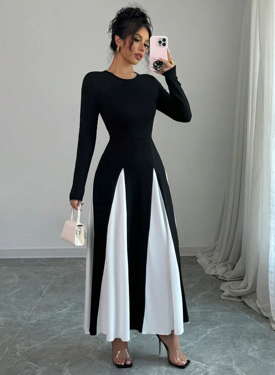 Vestido Longo Casual Elegante Preto e Branco Retalhos - Opal