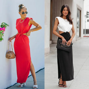 Vestido Longo Sem Mangas Com Fenda Justa - Alina