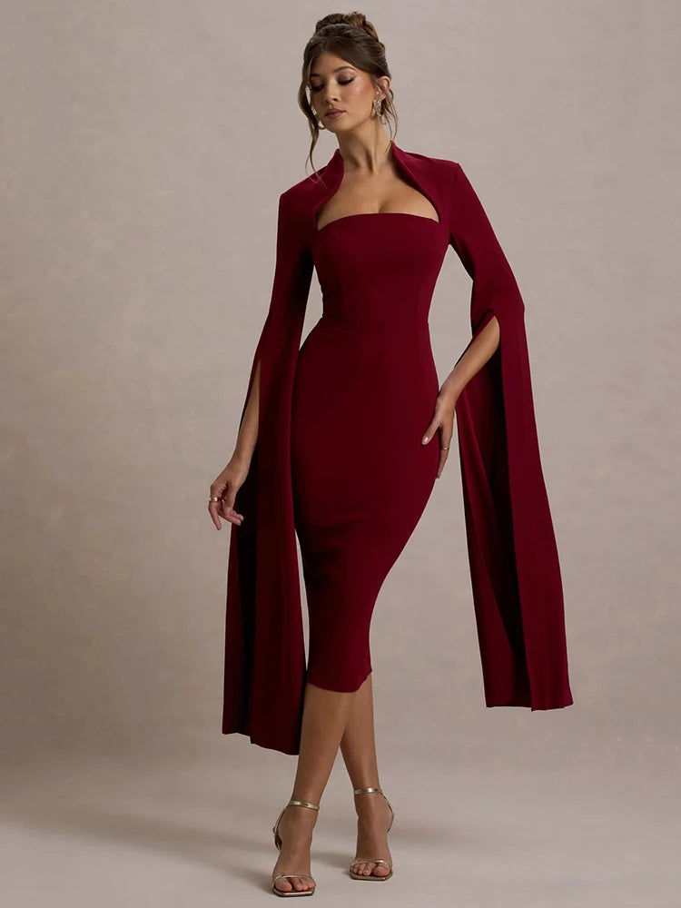 Vestido Midi Elegante com Decote Quadrado e Fenda nas Costas - Petra