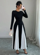 Vestido Longo Casual Elegante Preto e Branco Retalhos - Opal